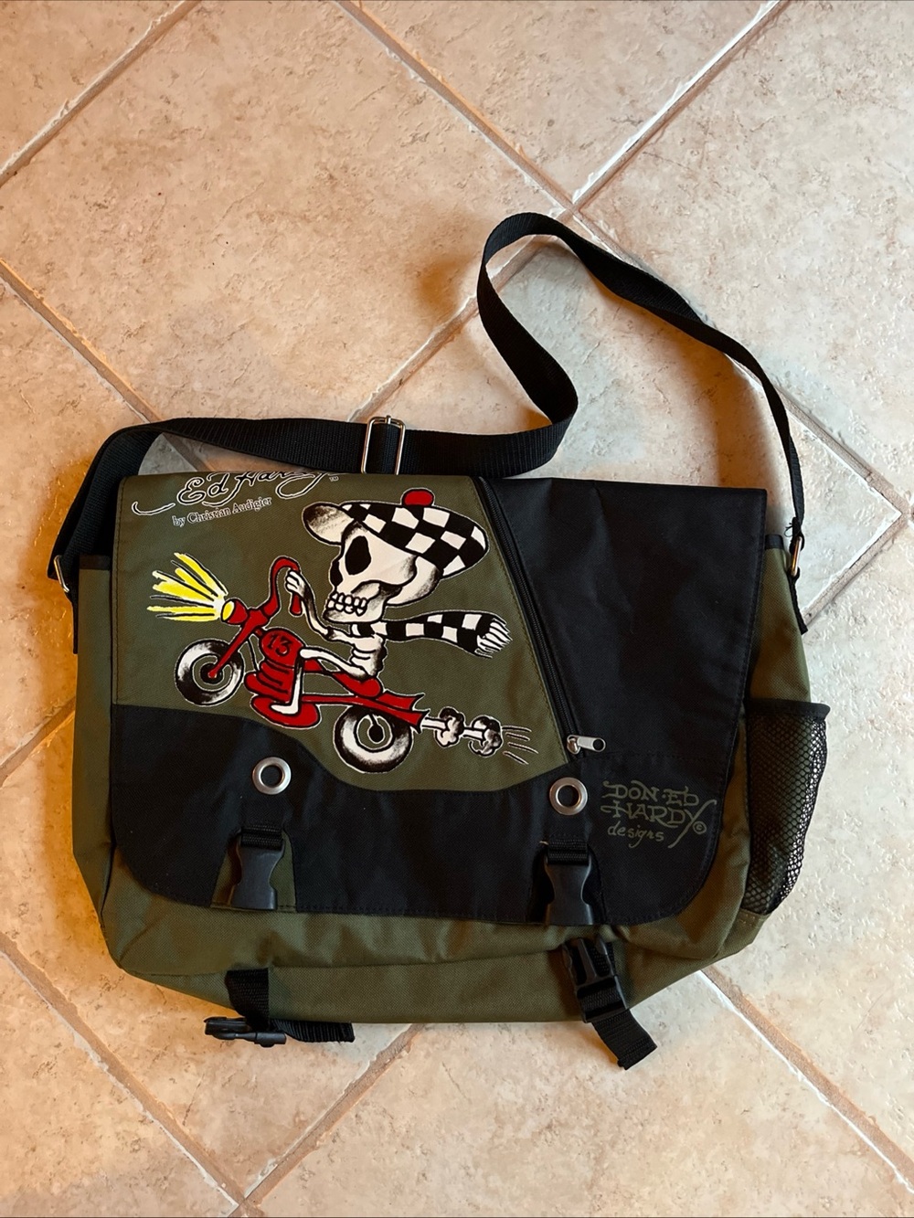 vintage y2k NWOT Ed Hardy messenger bag green & black skelton /motorcycle By CA